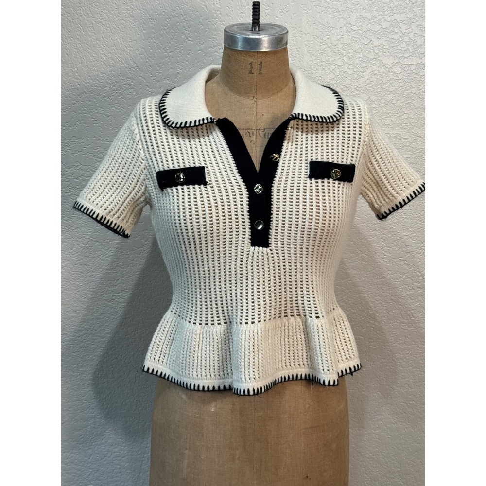 Adrianna Papell Womens XS White Black Contrast Trim Knit Polo Peplum Top